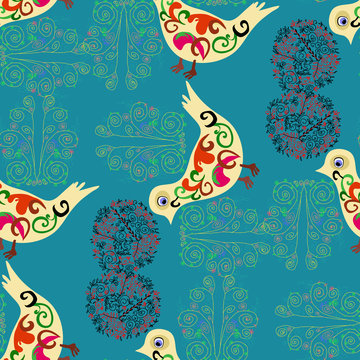 Birds and branches on a blue background.Seamless.