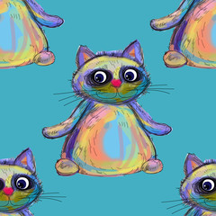  Cute and funny kitten on a blue background.