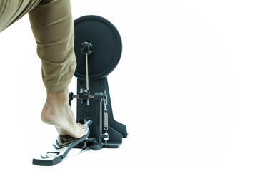 Man playing a base drum pedal isolated