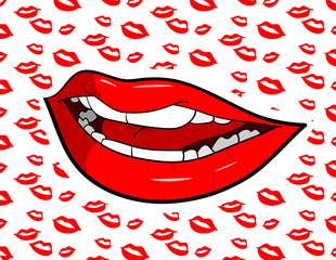 Sexy Lips, a hand drawn vector illustration of sexy lips over lips-patterned background (editable).