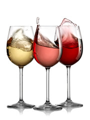 Red, rose and white wine glasses up