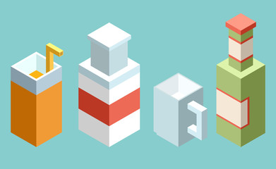 Set of stylized isometric cups and glasses of drinks
