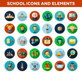Set of school, college flat design icons and infographics