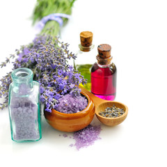 Fototapeta na wymiar Lavender fresh and bath salt for aromatherapy and lavender oil
