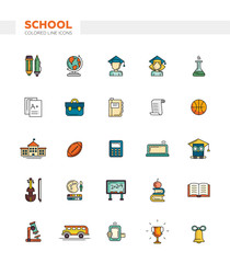Set of school, college line flat design icons and infographics