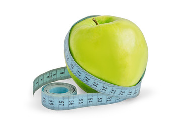 Green apple is wrapped in a measuring tape.