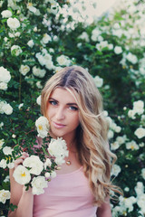 Naklejka premium beautiful woman with long curly hair smells white roses outdoors, closeup portrait of sensual girl face, blonde female portrait with flowers, elegant lady in blossom garden