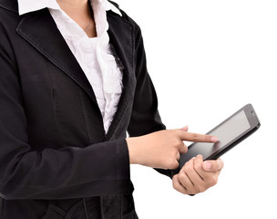 young businesswoman using tabs, isolated on white background