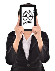 sad expression young businessman in a tablet, isolated on white background