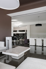 Modern interior with big table, chairs and living room in daylig