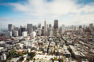 Spectacular aerial panorama of San Francisco Financial District made from the top floor of Coit tower on sunny day, California