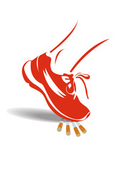 Vector image of a red running shoe standing on cigarettes