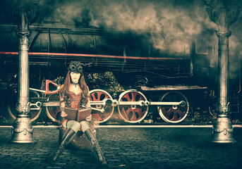 Steampunk and retro-futurism style. Woman traveler