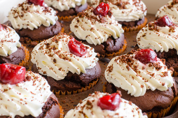 close-up of many freshly baked chocolate muffins with whipped cream and cherries on top in a baking form