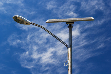 Solar powered street light with blue sky and clouds