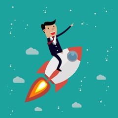 Startup Business. Businessman on a rocket. 