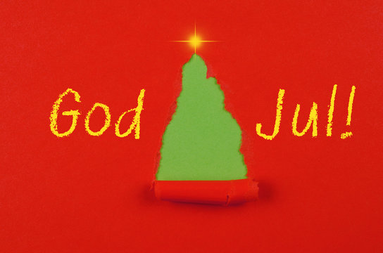 God Jul ! Scandinavian Christmas card with an abstract christmas tree