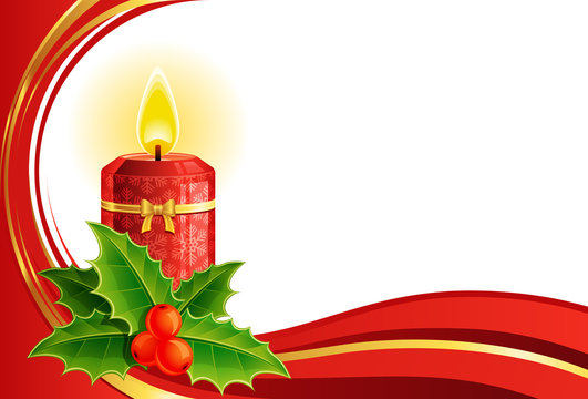 Chrismas background with a burning candle, holly leaves and berries.