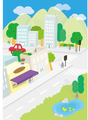 A crossroad in a city. Buildings and pond. Mountain background. Vector Illustration