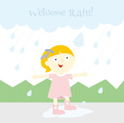 Girl happy to be in the rain. Vector Illustration