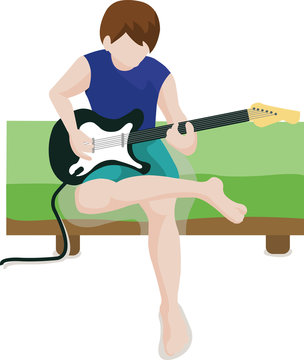 A teenage boy playing an electric guitar on his bed. Vector Illustration.