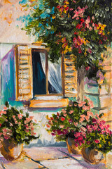 oil painting - beautiful nature, colorful flowers, greek street