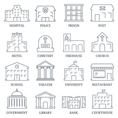 Fototapeta na wymiar Government building icons set of police library theater isolated vector illustration