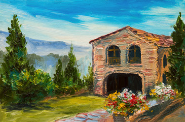 oil painting - Italian village, beautiful mountain landscape
