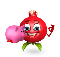 Cartoon character of pomegranate fruit with piggy bank