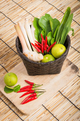 Thai Tom Yam soup herbs and spices, lemongrass, Kaffir Lime leav