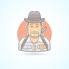 Detective, police officer, snoop icon. Avatar and person illustration. Flat colored outlined style.