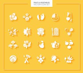 Fruit and Vegetables icon set. White silhouettes with soft shadows.