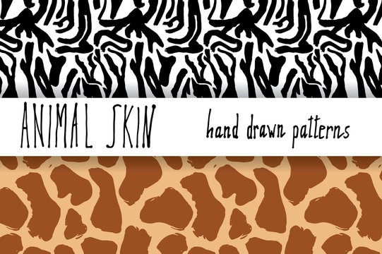 Animal skin hand drawn texture, Vector seamless pattern set, sketch drawing zeebra and giraffe skin textures.