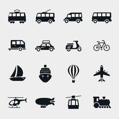 Vector monochrome transport and vehicle icons