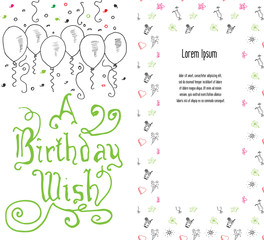 Fototapeta na wymiar Hand drawn Birthday greeting card, party background with balloons, confetti, hand writen lettering text birthday wish