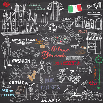 Milan Italy sketch elements. Hand drawn set with Duomo cathedral, flag, map, shoe, fashion items, pizza, shopping street, transport and traditional food. Drawing doodle collection, on chalkboard