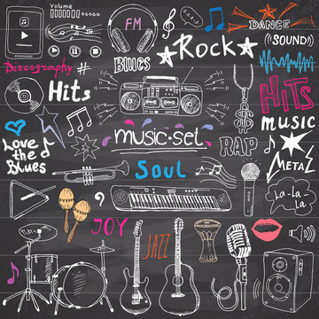 Music items doodle icons set. Hand drawn sketch with notes, instruments, microphone, guitar, headphone, drums, music player and music styles letterig signs, vector illustration, chalkboard background