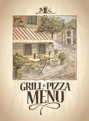 Grill and Pizza menu with graphic illustration of a street cafe.