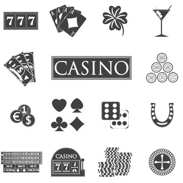 Casino and gambling icons set with slot machine and roulette, chips, poker cards, money, dice, coins, horseshoe flat design vector illustration