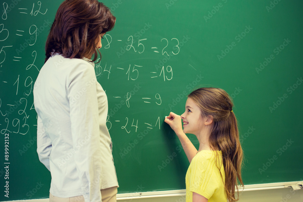 Poster little smiling schoolgirl writing on chalk board