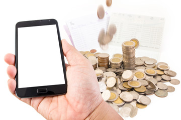 Man hand hold blank touch screen smart phone on finance concept