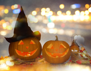 close up of carved halloween pumpkins on table