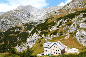Zois Lodge at Kokra Saddle  in the Kamnik-Savinja Alps (Cojzova koča na Kokrskem sedlu) - Slovenia, August 2015. View from the south.