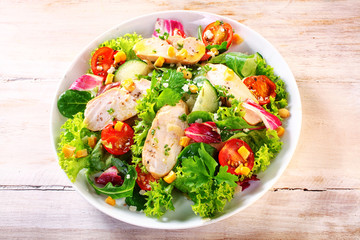 Gourmet Chicken Garden Salad on a White Plate