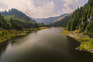 Fototapeta na wymiar Landscape with Petrimanu Lake in Romanian mountains