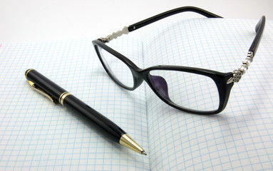 Notebooks, pens, glasses