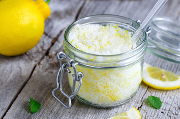 Homemade scrub made of sea salt, lemon peel and lemon juice