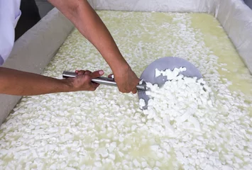 Foto auf Leinwand Cheese worker hands creamery dairy mixing © Belish