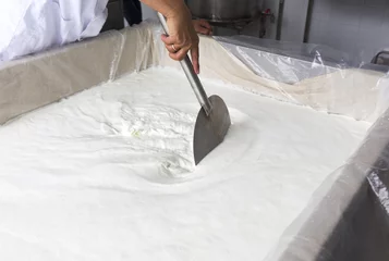 Crédence de cuisine en verre imprimé Produits laitiers Cheese production creamery dairy worker mixing