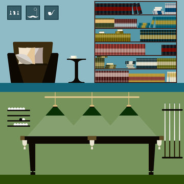 library and billiard room interior isolated on stylish cover. Bright modern illustration in trendy flat style for use in design for card, invitation, poster, banner, placard or billboard background